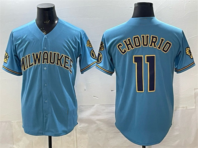 seanshop    Milwaukee Brewers #11 Jackson Chourio Blue  With Home & Bob Uecker Patch Stitched Jersey