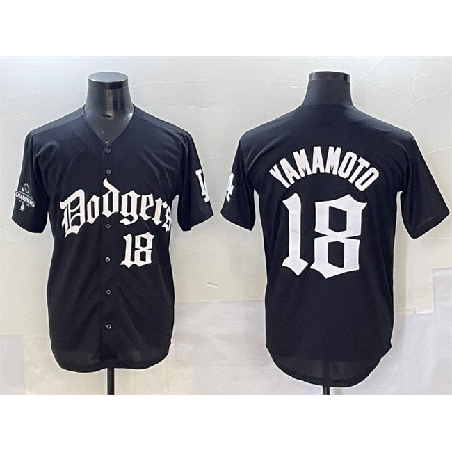 seanshop Los Angeles Dodgers #18 Yoshinobu Yamamoto Black  2025 LA Gothic Style With 2024 World Series Champions Patch Vapor Premier Limited Stitched Jersey