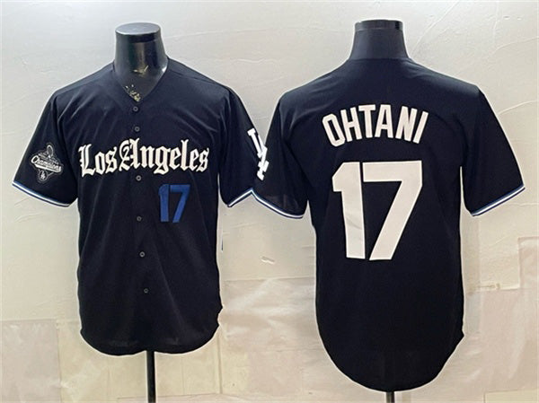 seanshop Los Angeles Dodgers #17 Shohei Ohtani Black  2025 World Series Champions Patch 'Gothic Edition' Vapor Premier Limited Stitched Jersey