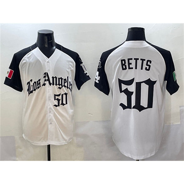 seanshop Los Angeles Dodgers #50 Mookie Betts White Black  Mexico 2025 LA Gothic Style With Fernando Patch Vapor Premier Limited Stitched Jersey