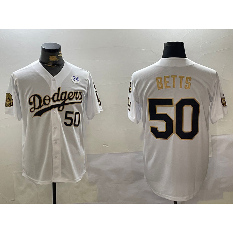 seanshop Los Angeles Dodgers #50 Mookie Betts White Gold  2024 World Series With Fernando Memorial Patch Limited Stitched Jersey2