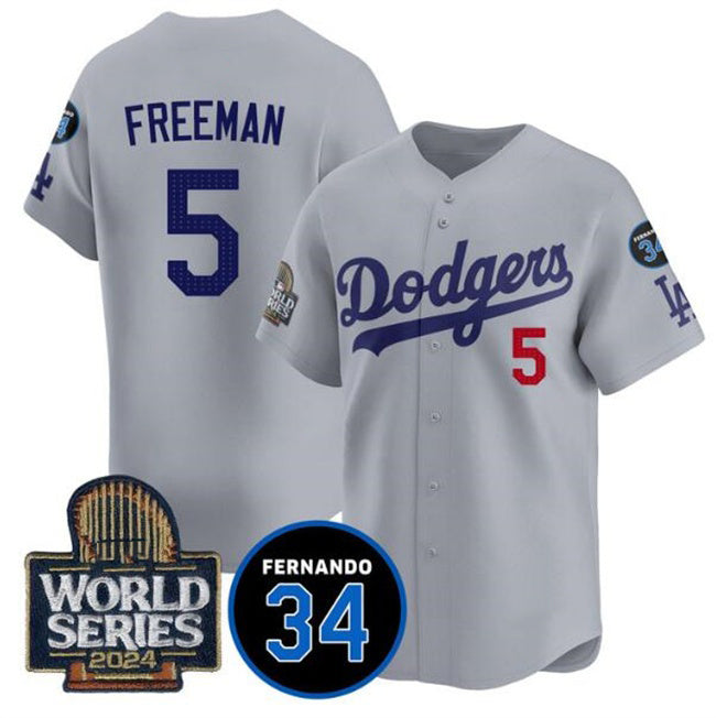 seanshop Los Angeles Dodgers #5 Freddie Freeman Grey  2024 World Series With Fernando Memorial Patch Limited Stitched Jersey