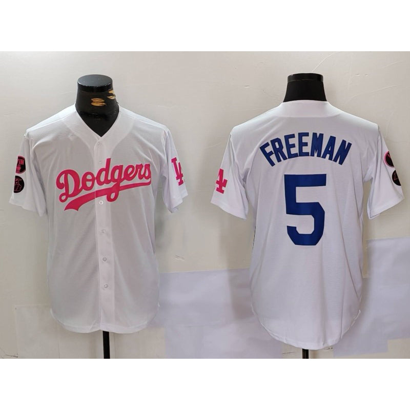 seanshop Los Angeles Dodgers #5 Freddie Freeman White Pink  Vin & Kobe Patch Stitched Jersey 2