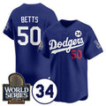 seanshop Los Angeles Dodgers #50 Mookie Betts Royal  2024 World Series With No. 34 Patch Cool Base Stitched Jersey
