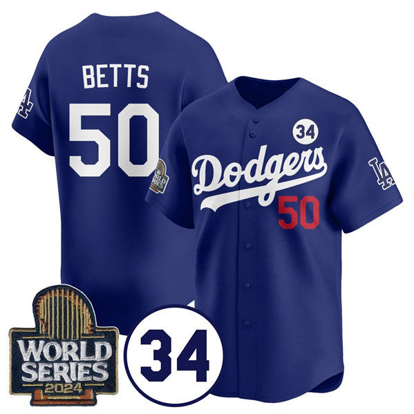 seanshop Los Angeles Dodgers #50 Mookie Betts Royal  2024 World Series With No. 34 Patch Cool Base Stitched Jersey