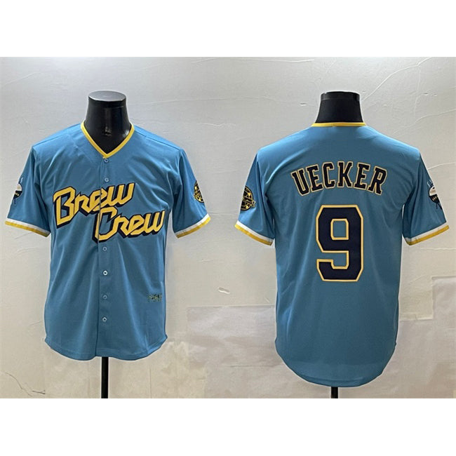 seanshop    Milwaukee Brewers #9 Bob Uecker Powder Blue  City Connect With Patch Cool Base Stitched Jersey