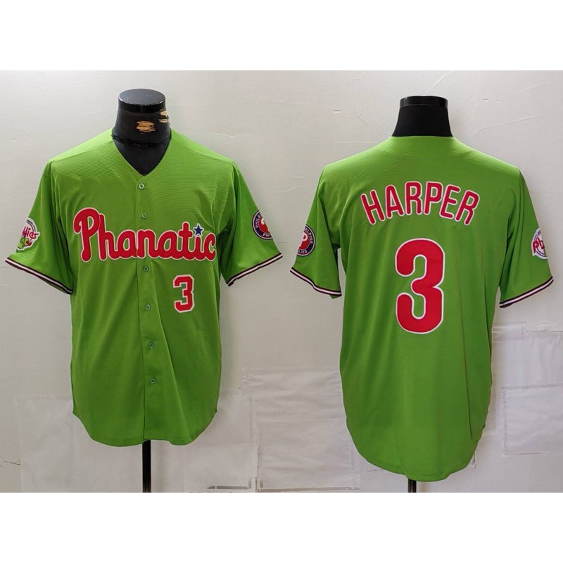 seanshop  Philadelphia Phillies #3 Bryce Harper Number Green  With Patch Stitched Cool Base Jersey