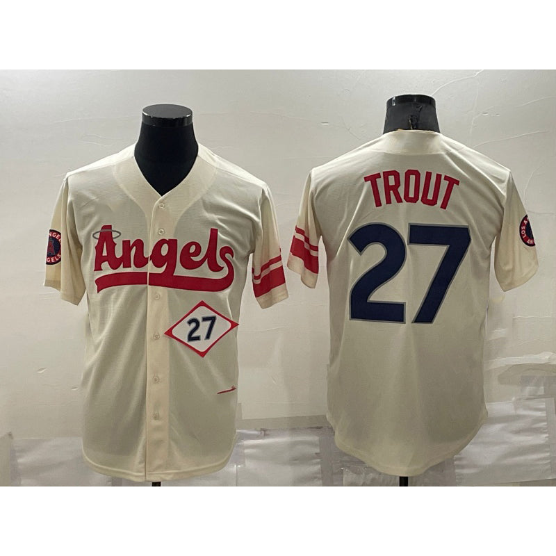 seanshop Los Angeles Angels #27 Mike Trout Number Cream  2022 City Connect Cool Base Stitched Jersey