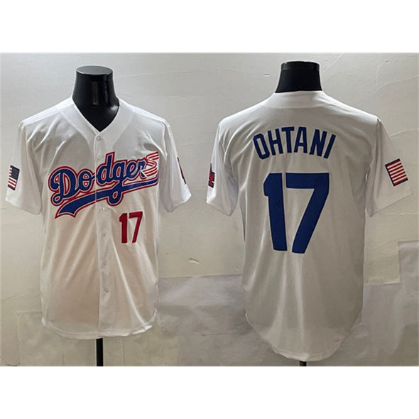 seanshop Los Angeles Dodgers #17 Shohei Ohtani White  With American Flag Patch Limited Stitched Jersey