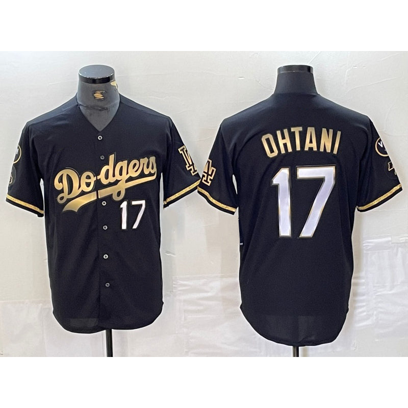 seanshop Los Angeles Dodgers #17 Shohei Ohtani Number Black Gold  Fashion Stitched Cool Base Limited Jersey