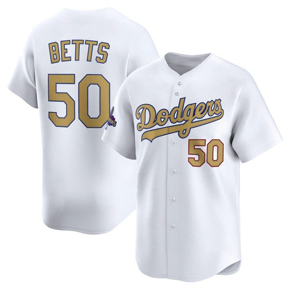 seanshop Los Angeles Dodgers #50 Mookie Betts White  2025 Gold Collection Limited Stitched Jersey