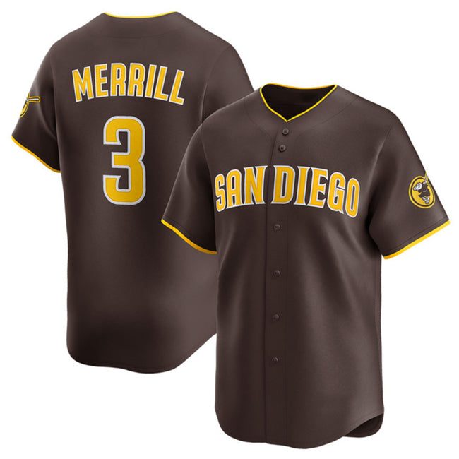 seanshop  San Diego Padres #3 Jackson Merrill Brown  2024 Away Limited Stitched Jersey
