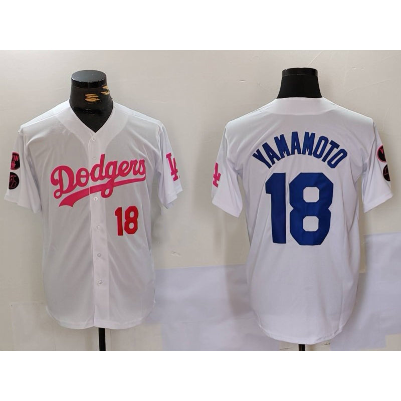seanshop Los Angeles Dodgers #18 Yoshinobu Yamamoto White Pink  Vin & Kobe Patch Stitched Jerseys