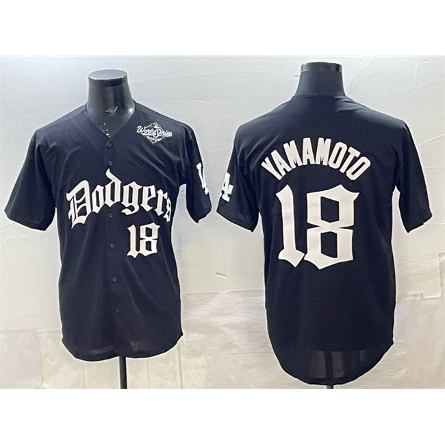 seanshop Los Angeles Dodgers #18 Yoshinobu Yamamoto Black  2025 LA Gothic Style With 2025 World Series Patch Vapor Premier Limited Stitched Jersey