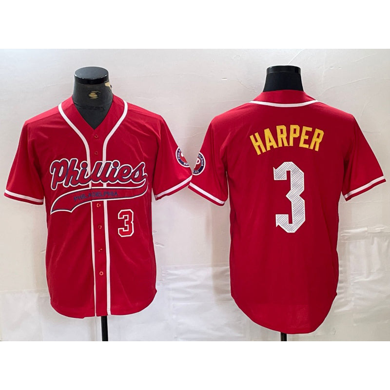 seanshop  Philadelphia Phillies #3 Bryce Harper Number Red  Cool Base Stitched Jersey 2