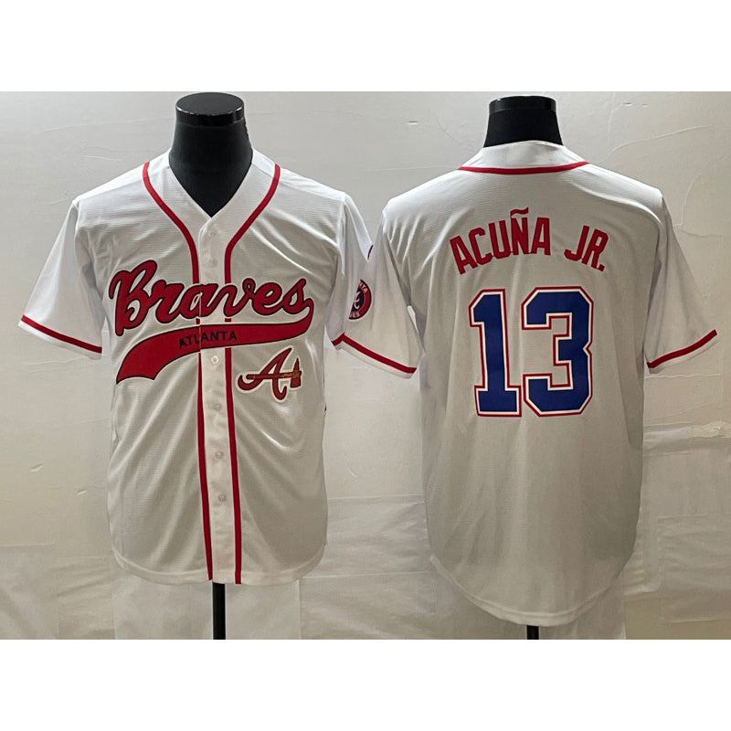 seanshop Atlanta Braves #13 Ronald Acuna Jr White  Cool Base With Patch Stitched Jersey 2