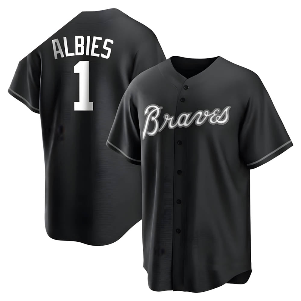 Seanshop A.Braves #1 Ozzie Albies Player Black&White Replica Stitched Jerseys