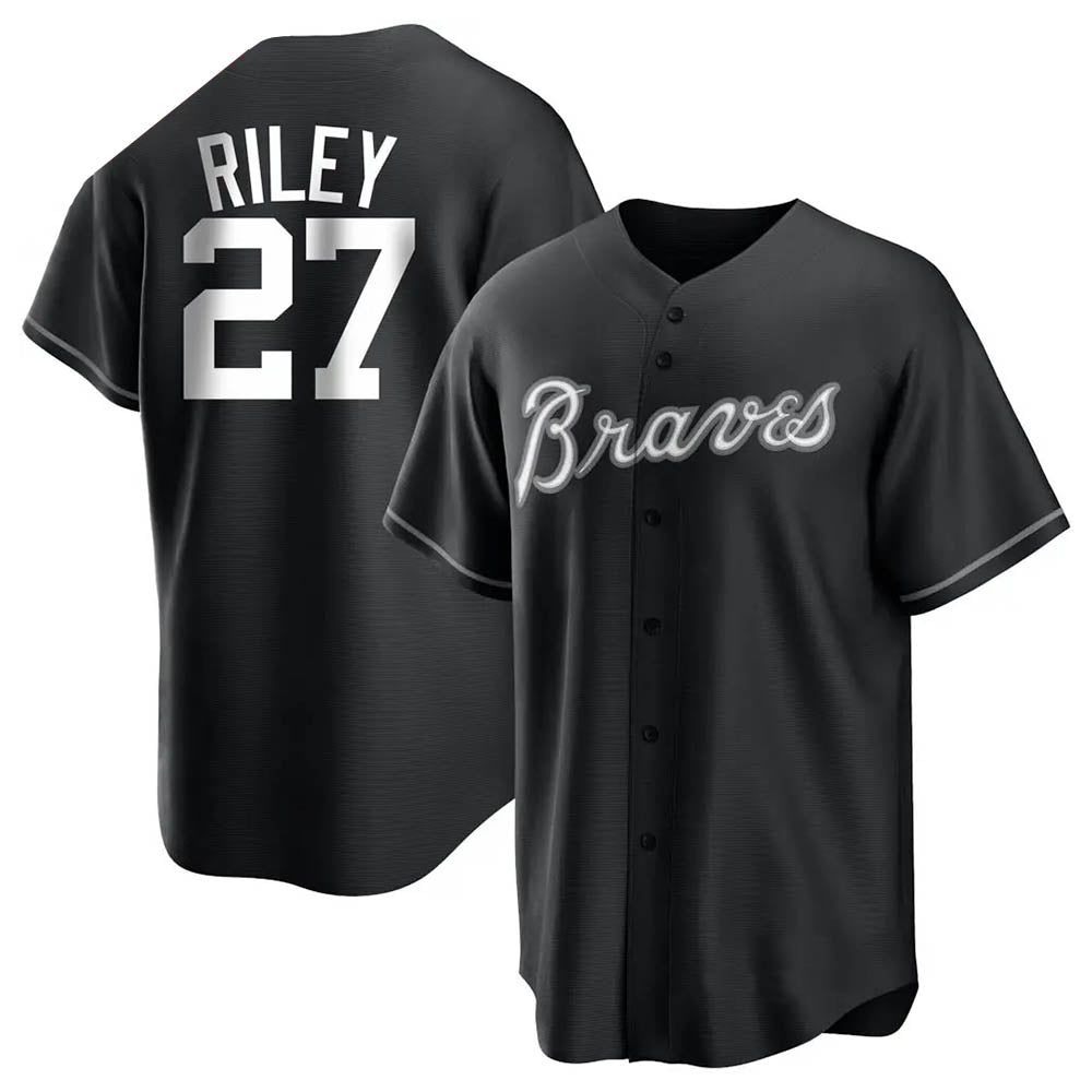 Seanshop A.Braves #27 Austin Riley Player Black&White Replica Stitched Jerseys