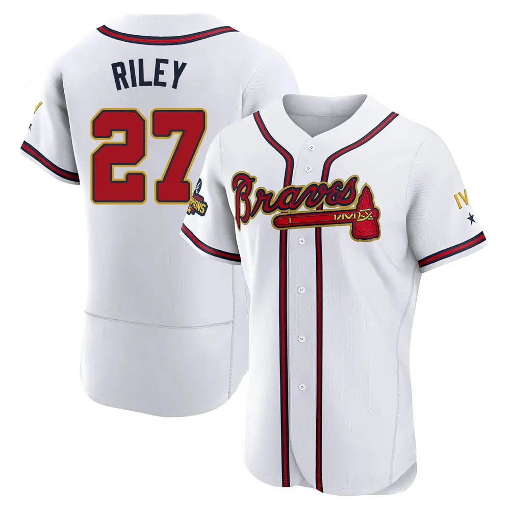 Seanshop A.Braves #27 Austin Riley Player White&Gold Authentic Program Stitched Jerseys