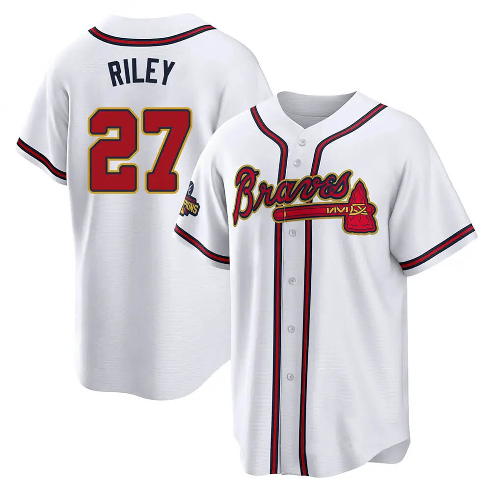 Seanshop A.Braves #27 Austin Riley Player White&Gold Replica Program Stitched Jerseys