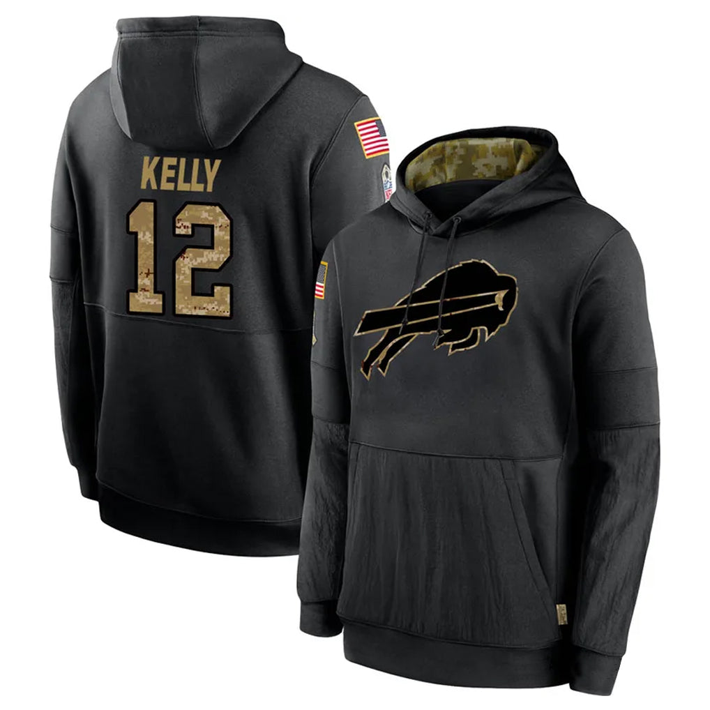 Seanshop B.Bills #12 Jim Kelly Player Black Salute to Service Hoodies Hame Stitched Jerseys