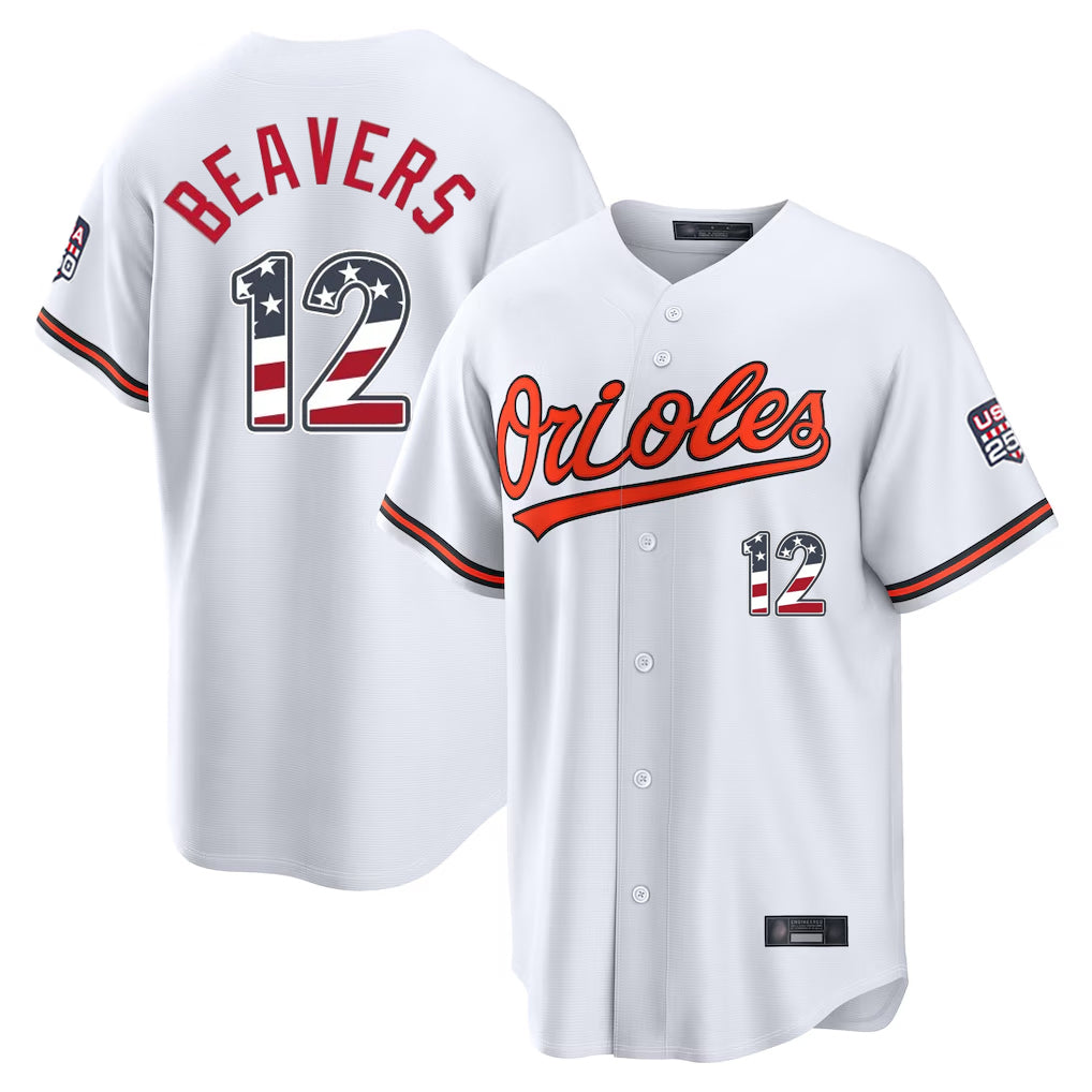 Seanshop B.Orioles #12 Dylan Beavers Player White USA 250 Fourth of July Home Game Stitched Jerseys