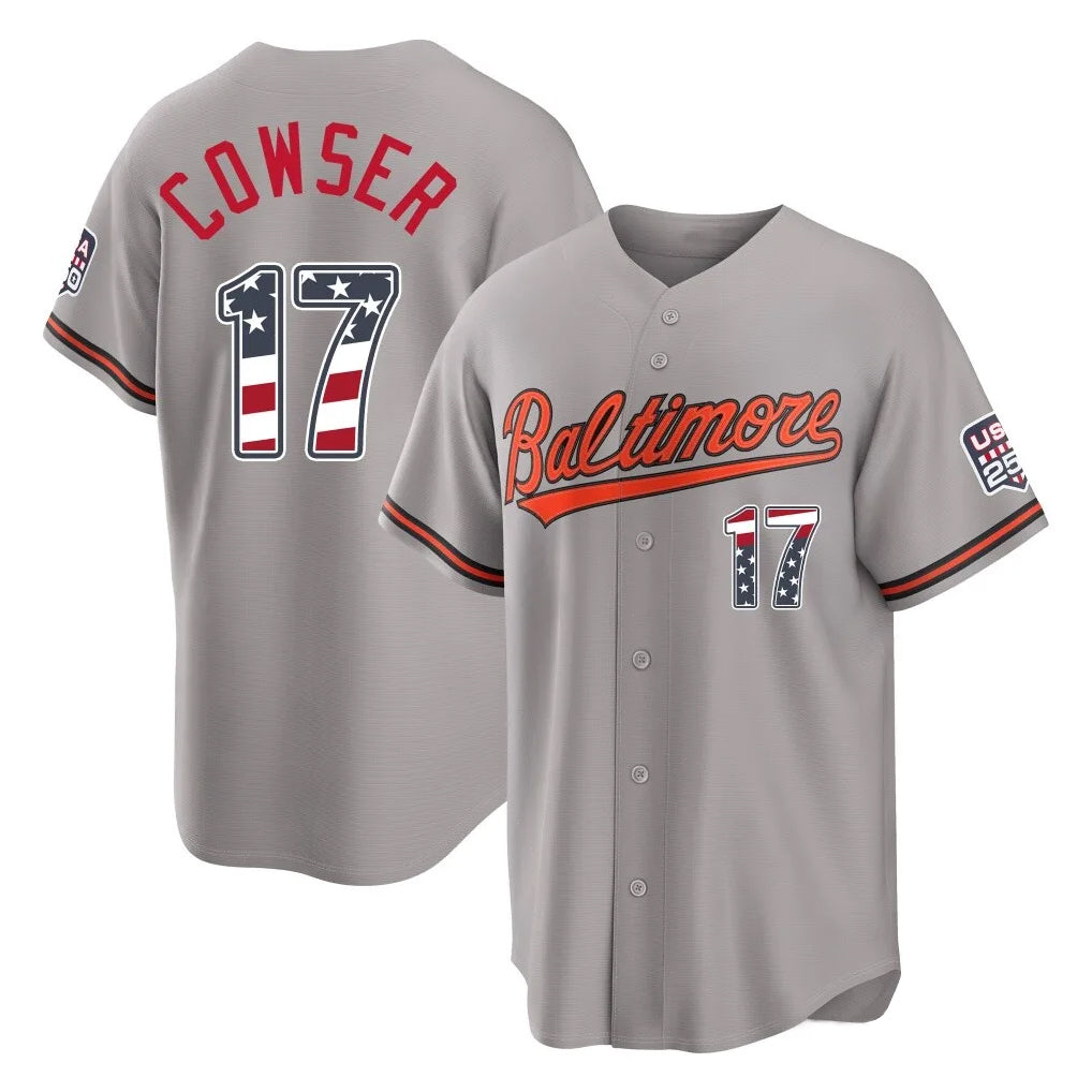 Seanshop B.Orioles #17 Colton Cowser Player Gray USA 250 Fourth of July Home Game Stitched Jerseys