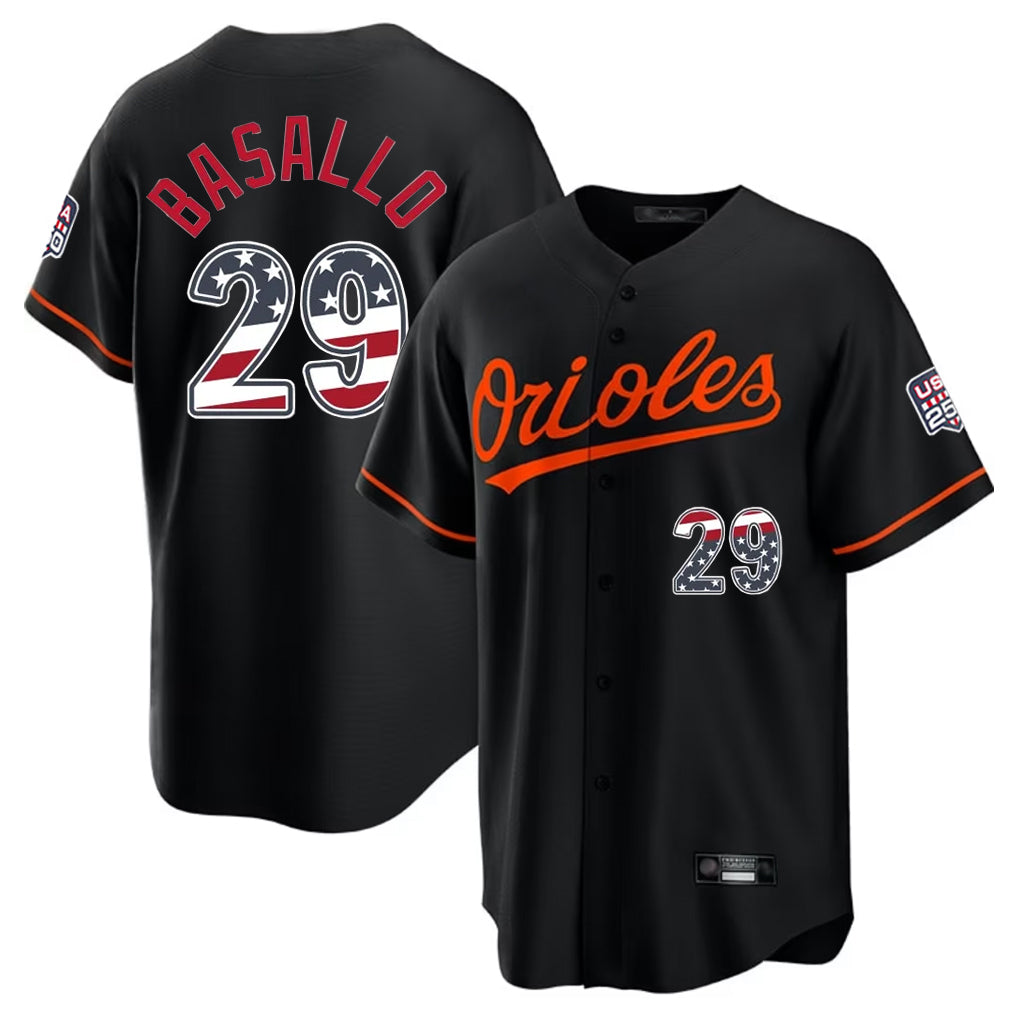 Seanshop B.Orioles #29 Samuel Basallo Player Black USA 250 Fourth of July Home Game Stitched Jerseys