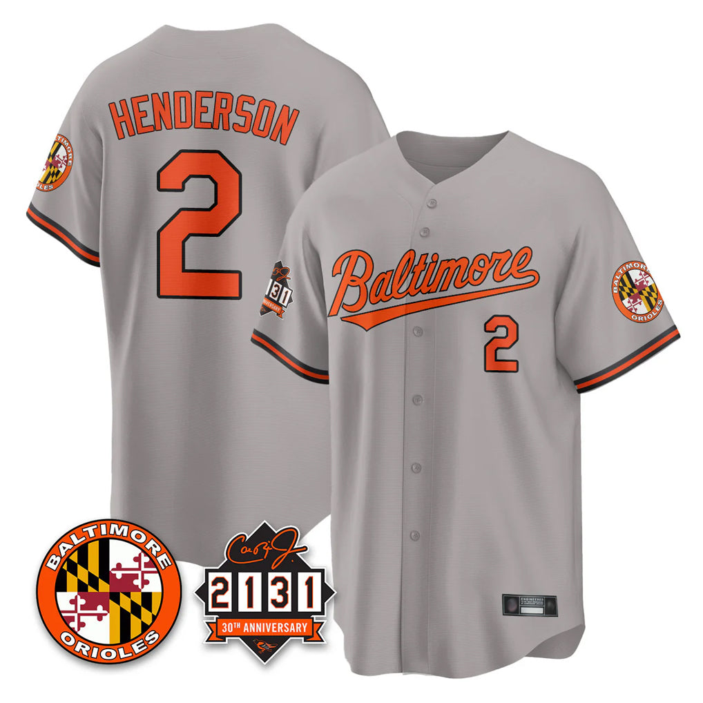 Seanshop B.Orioles #2 Gunnar Henderson Player Gray 30th Anniversary of 2131 Home Game Stitched Jerseys