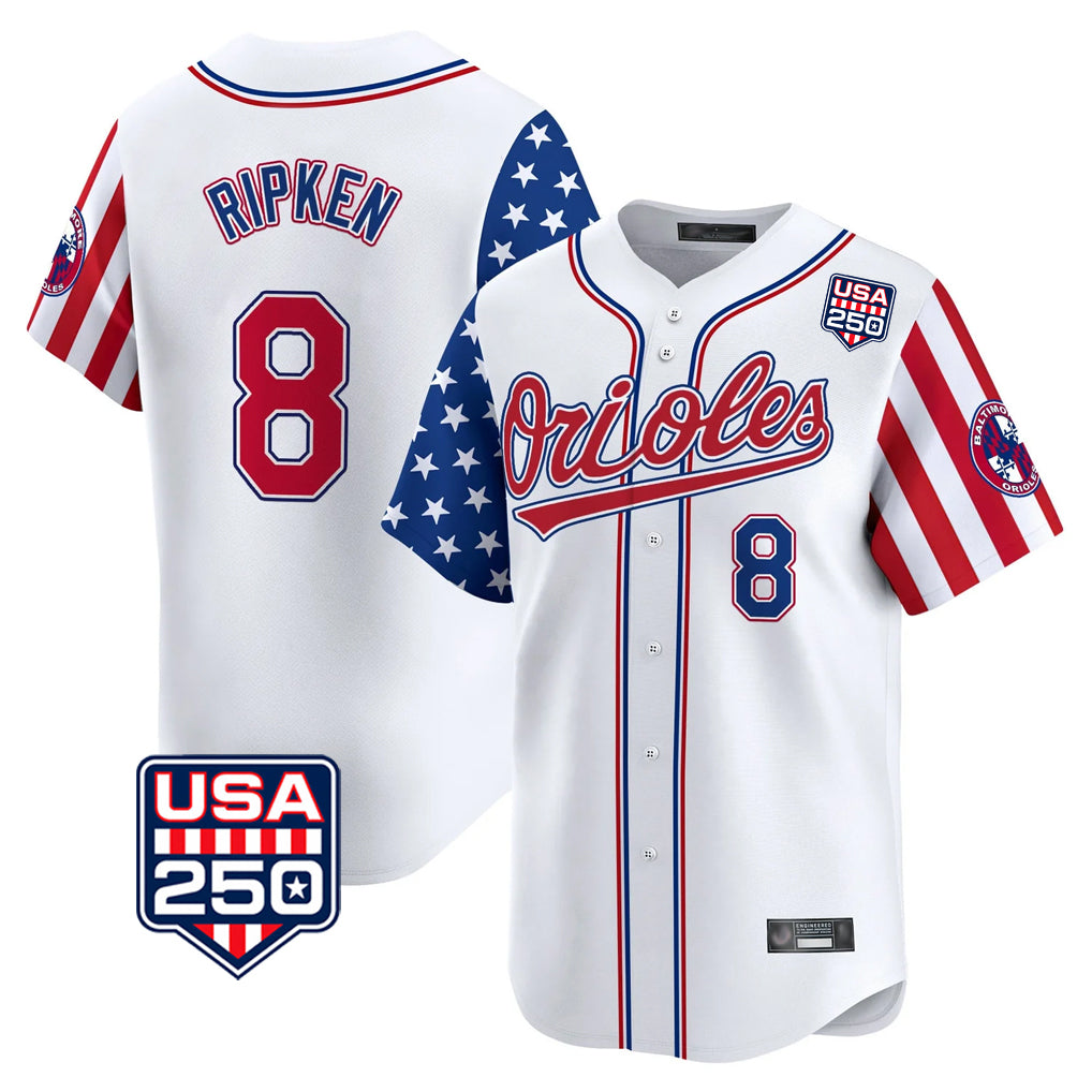 Seanshop B.Orioles #8 Cal Ripken Player White USA 250 Independence Day Vapor Premier Home Game Stitched Jerseys