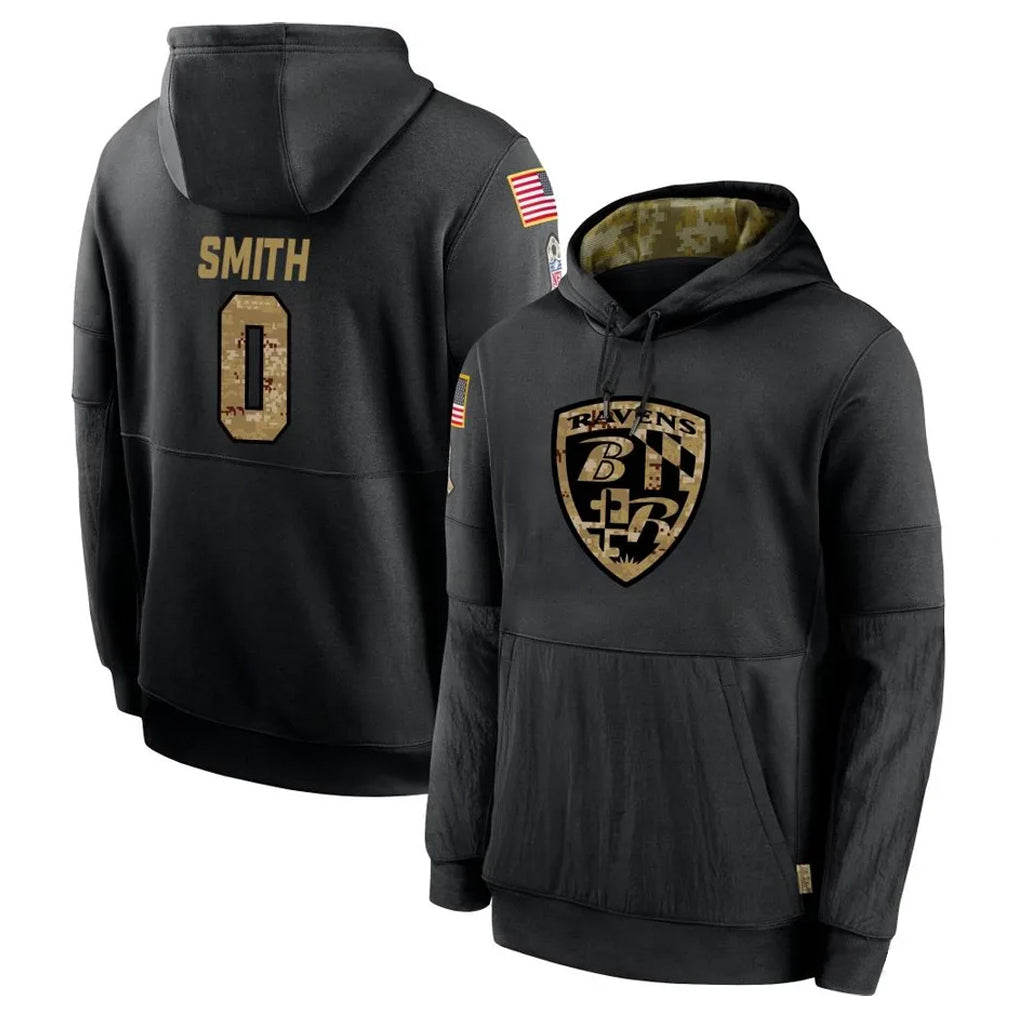 Seanshop B.Ravens #0 Roquan Smith Player Black Salute to Service Pullover Hoodie Stitched Jerseys