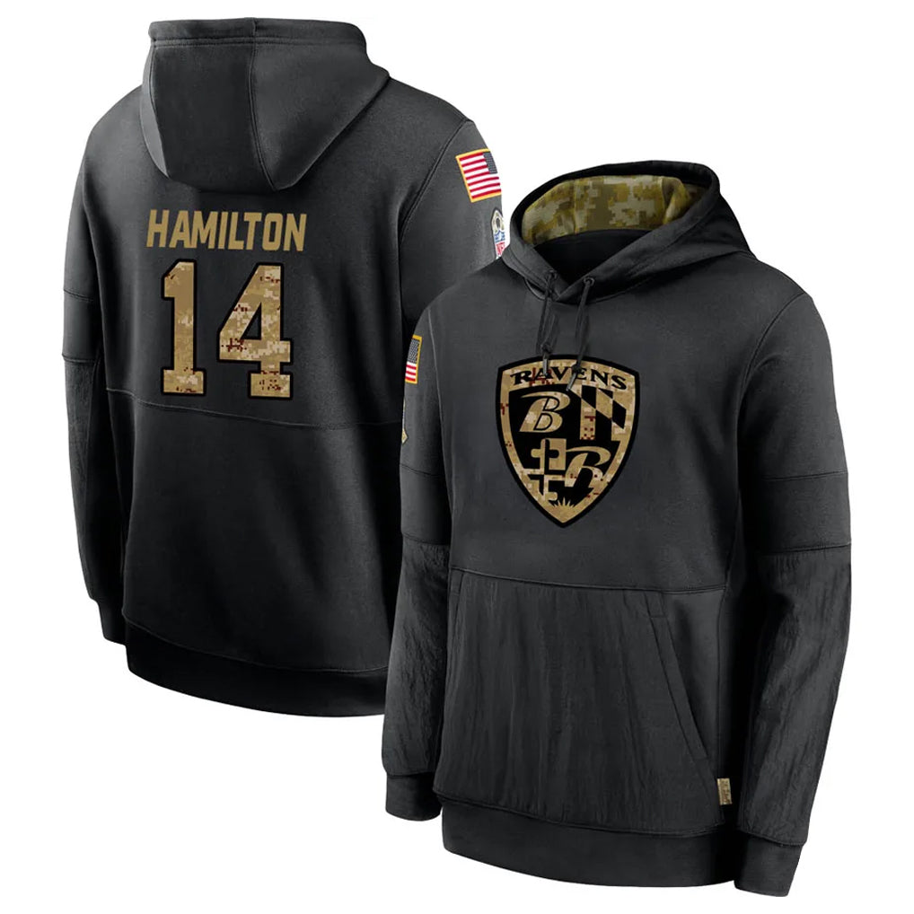 Seanshop B.Ravens #14 Kyle Hamilton Player Black Salute to Service Pullover Hoodie Stitched Jerseys