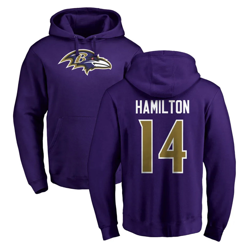 Seanshop B.Ravens #14 Kyle Hamilton Player Purple Salute to Service Pullover Hoodie Stitched Jerseys