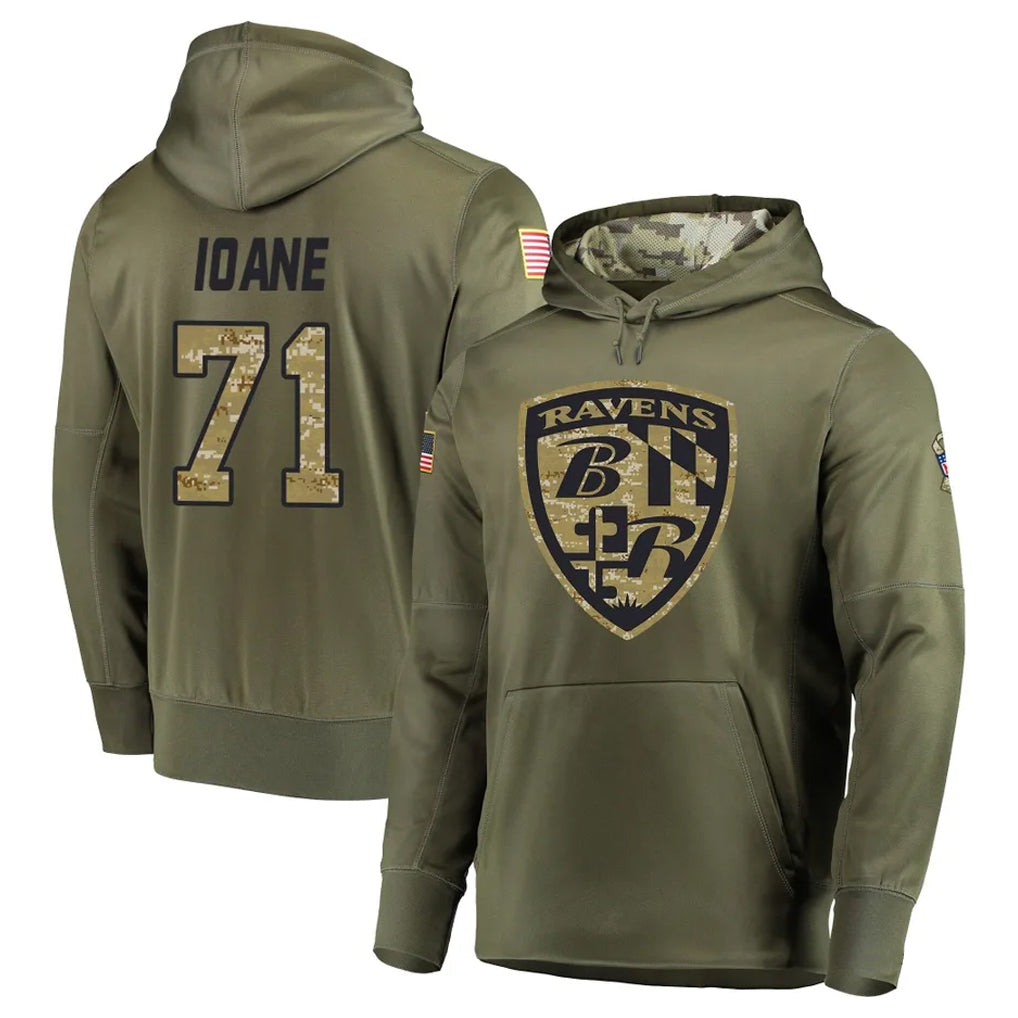 Seanshop B.Ravens #71 Olaivavega Ioane Player Olive Salute to Service Pullover Hoodie Stitched Jerseys