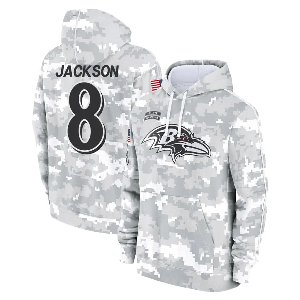 Seanshop B.Ravens #8 Lamar Jackson Player Arctic Camo Salute to Service Pullover Hoodie Stitched Jerseys