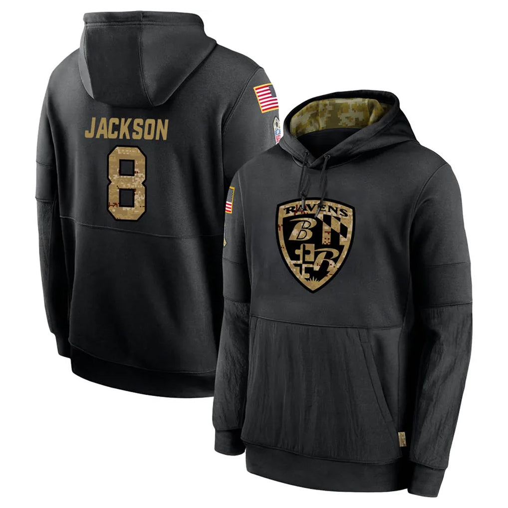 Seanshop B.Ravens #8 Lamar Jackson Player Black Salute to Service Pullover Hoodie Stitched Jerseys