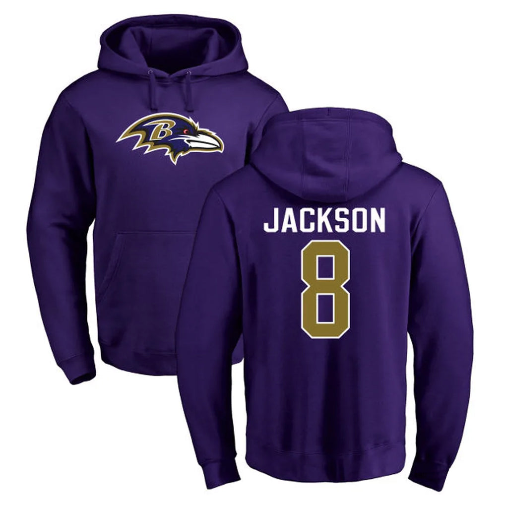 Seanshop B.Ravens #8 Lamar Jackson Player Purple Salute to Service Pullover Hoodie Stitched Jerseys