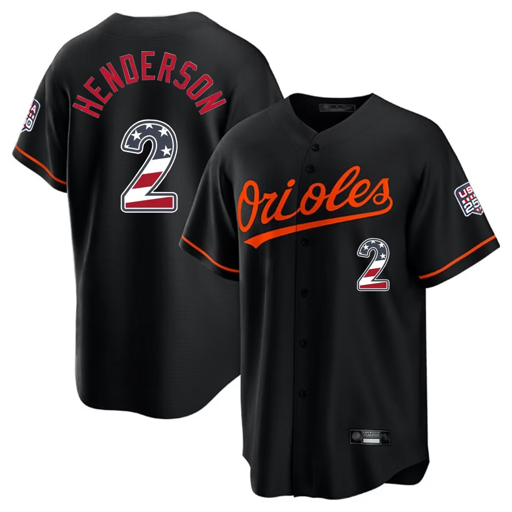 Seanshop B.Orioles #2 Gunnar Henderson Player Black USA 250 Fourth of July Home Game Stitched Jerseys