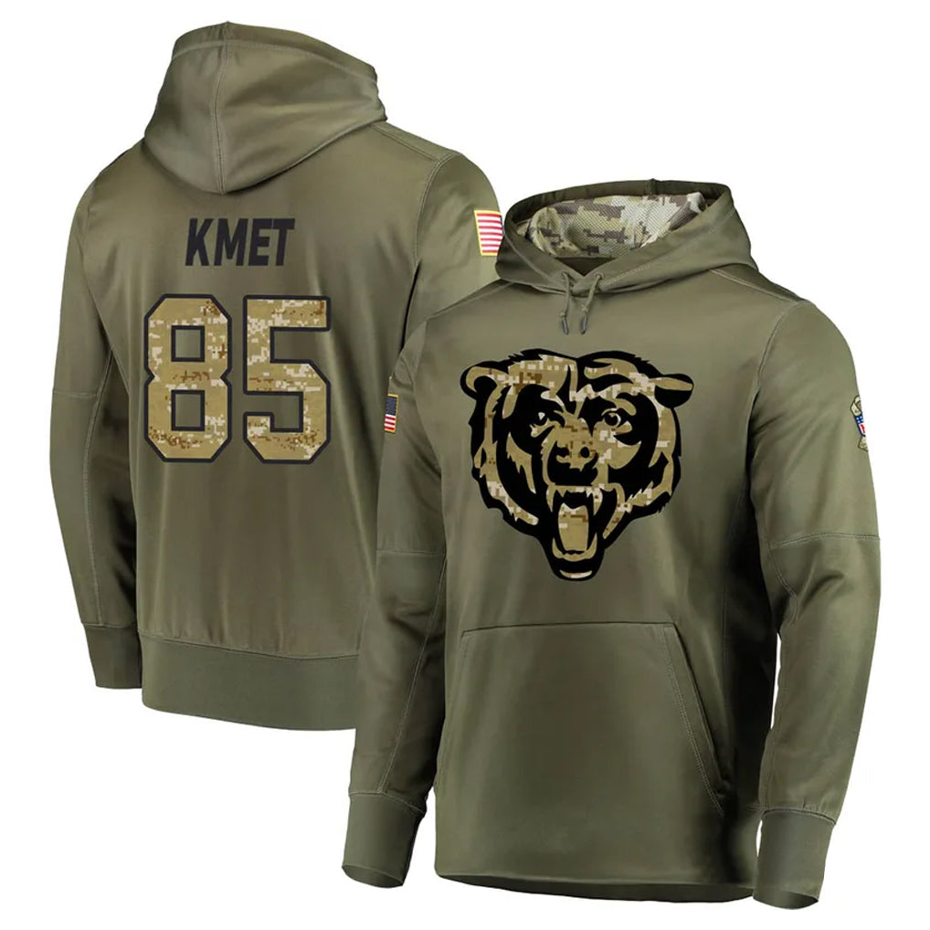 Seanshop C.Bears #85 Cole Kmet Player Olive Salute to Service Pullover Hoodies Home Game Stitched Jerseys