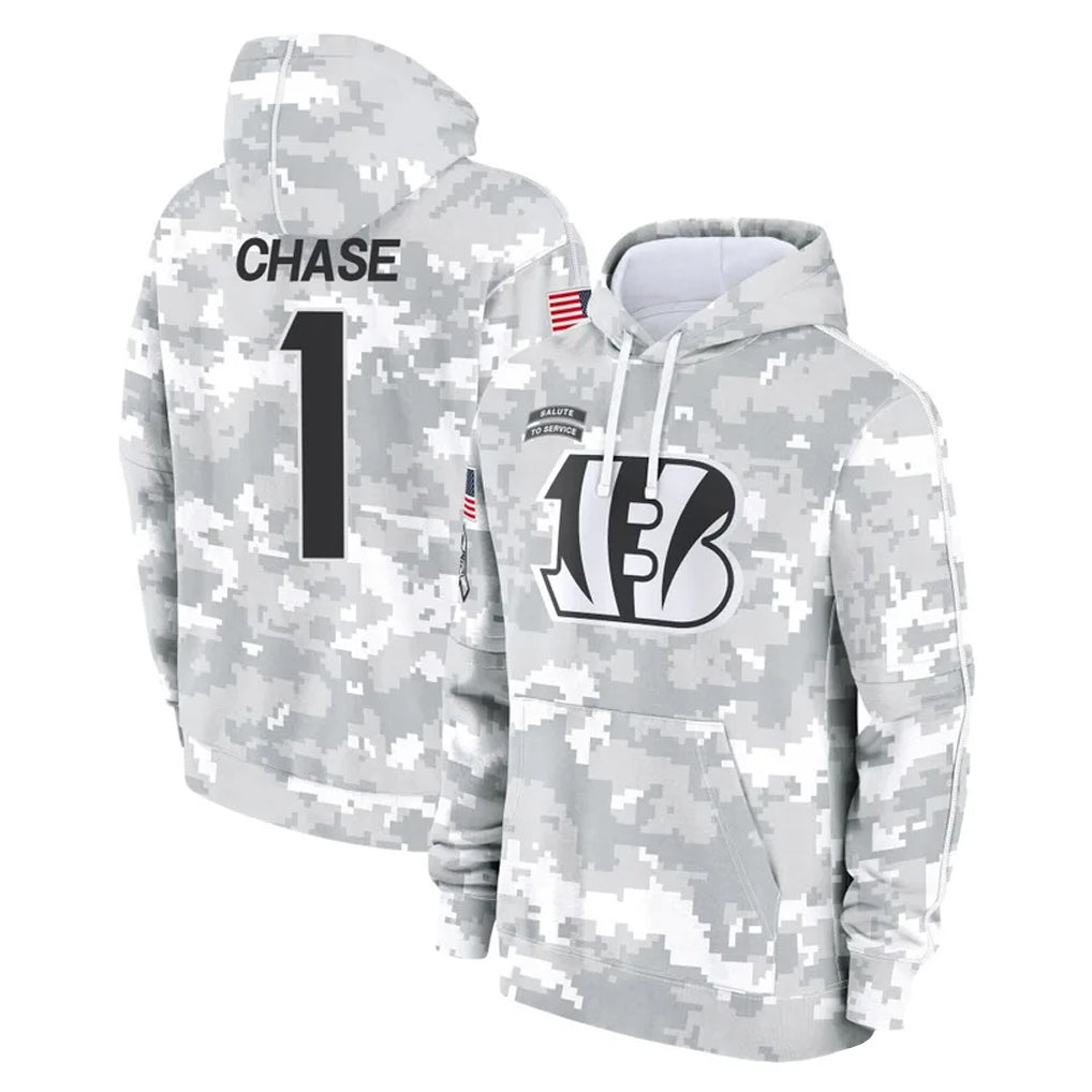 Seanshop C.Bengals #1 Ja'Marr Chase Player Arctic Camo Salute to Service Pullover Hoodie Limited Stitched Jerseys