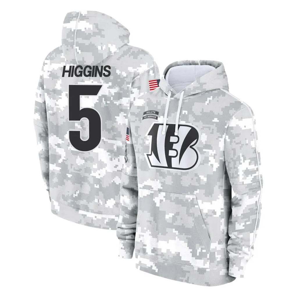 Seanshop C.Bengals #5 Tee Higgins Player Arctic Camo Salute to Service Pullover Hoodie Limited Stitched Jerseys