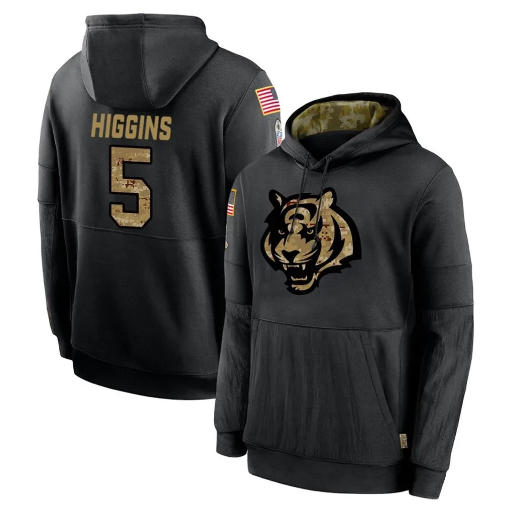Seanshop C.Bengals #5 Tee Higgins Player Black Salute to Service Pullover Hoodies Limited Stitched Jerseys