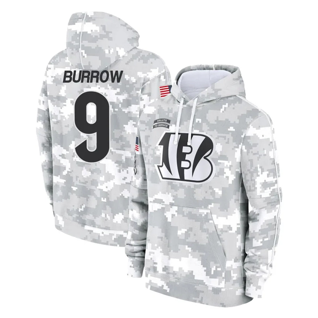 Seanshop C.Bengals #9 Joe Burrow Player Arctic Camo Salute to Service Pullover Hoodie Limited Stitched Jerseys