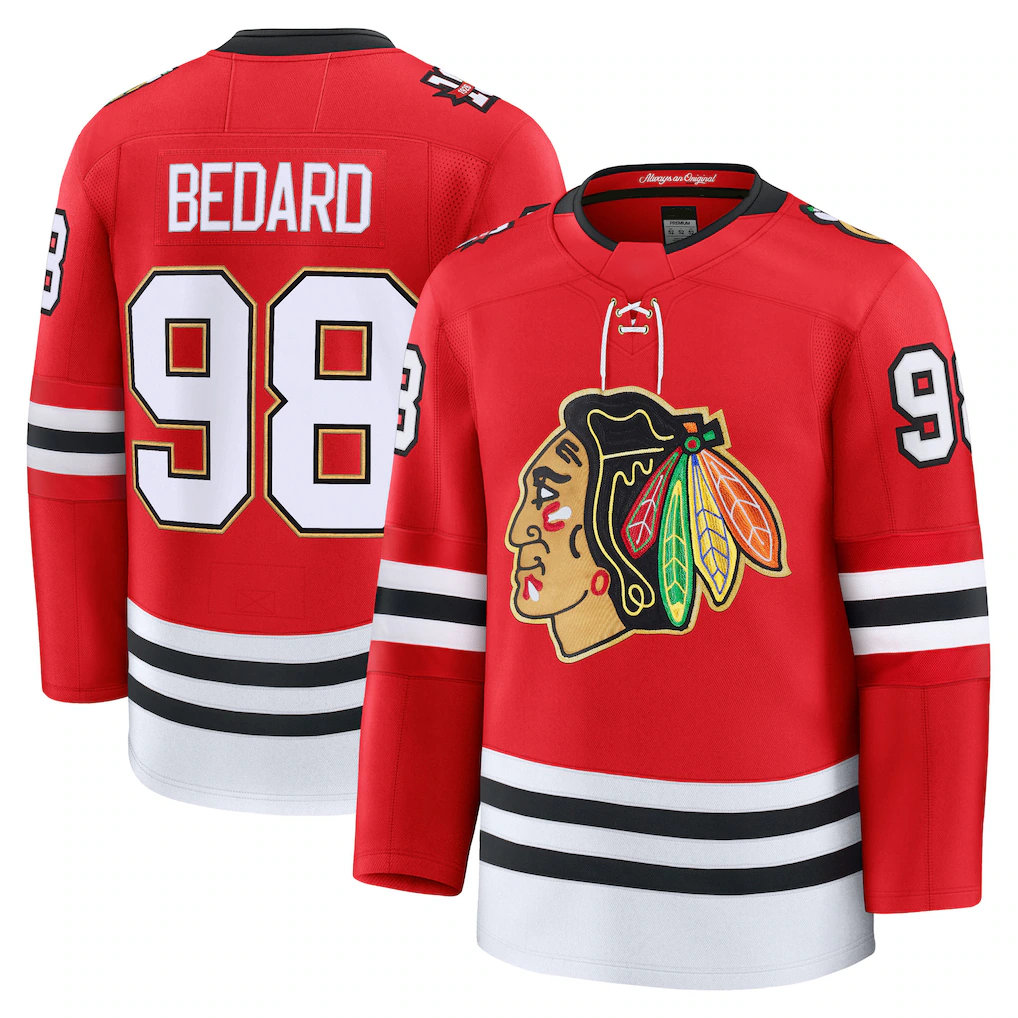 Seanshop C.Blackhawks #98 Connor Bedard Red Centennial Premium Player Jerseys