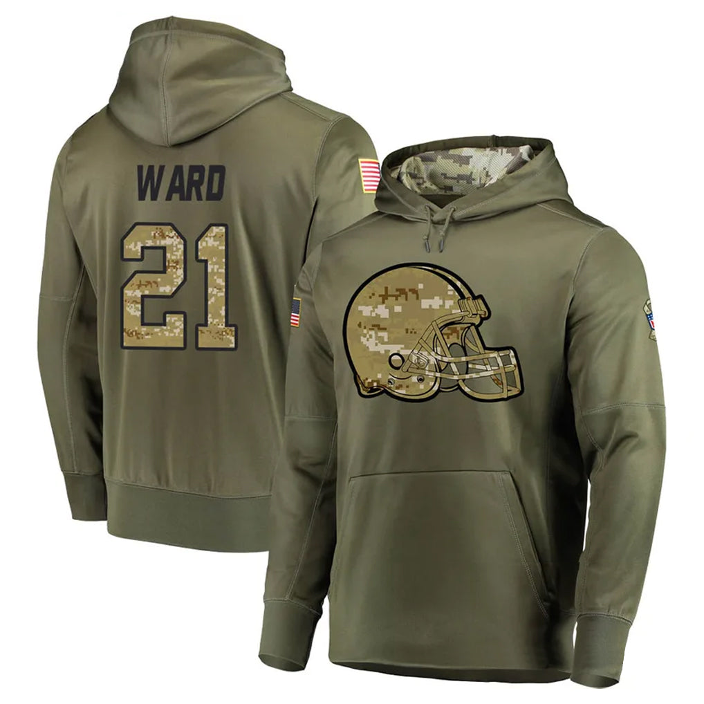 Seanshop C.Browns #21 Denzel Ward Player Olive Salute to Service Pullover Hoodies Home Game Stitched Jerseys