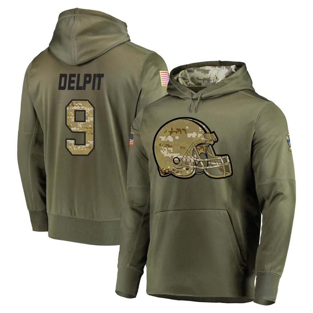 Seanshop C.Browns #9 Grant Delpit Player Olive Salute to Service Pullover Hoodies Home Game Stitched Jerseys