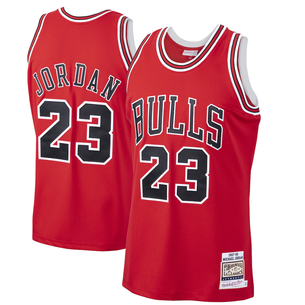 Leonaf C.Bulls #23 Michael Jordan Mitchell & Ness Scarlet 199798 Hardwood Classics Authentic Jerseys