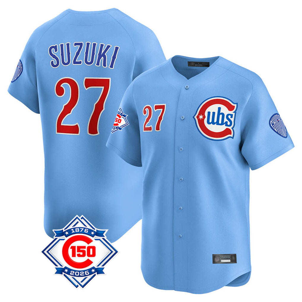 Seanshop C.Cubs #27 Seiya Suzuki Player Light Blue 150th Anniversary Limited Home Stitched Jerseys