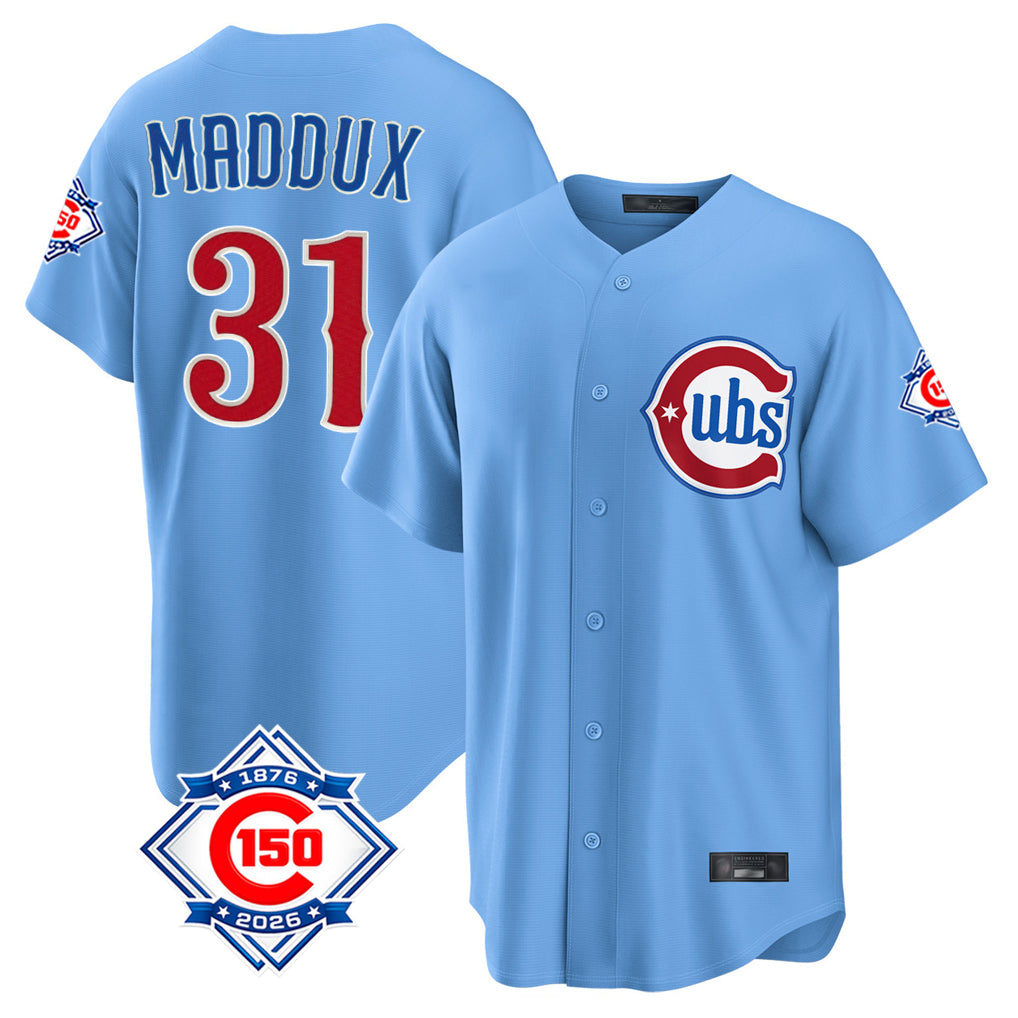 Seanshop C.Cubs #31 Greg Maddux Player Light Blue 150th Anniversary Home Game Stitched Jerseys