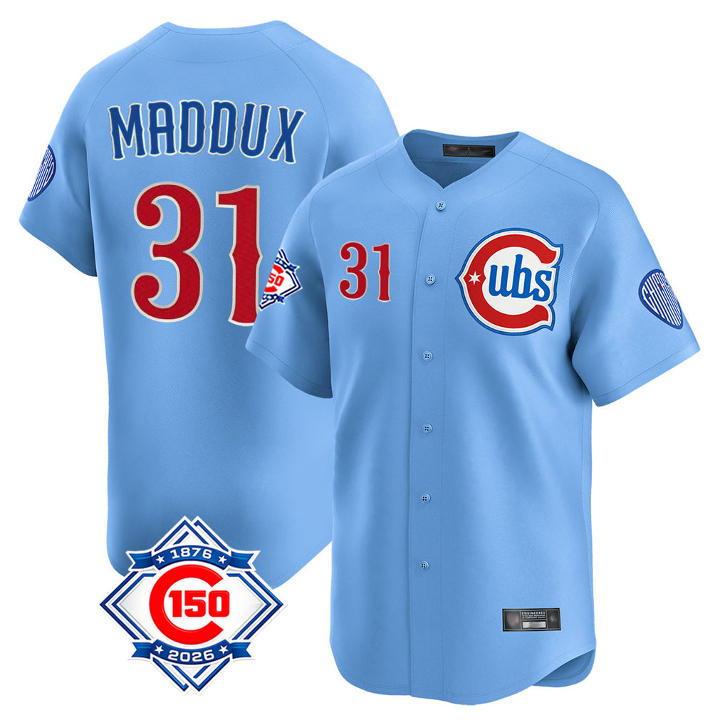 Seanshop C.Cubs #31 Greg Maddux Player Light Blue 150th Anniversary Limited Home Stitched Jerseys